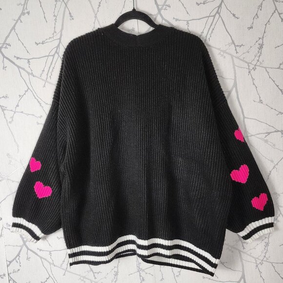 Torrid Black Ribbed Knit Hearts Print Drop Shoulder Cardigan - Picture 2 of 4